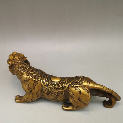 9.8" Chinese Antique Brass Tiger Ornament Statue