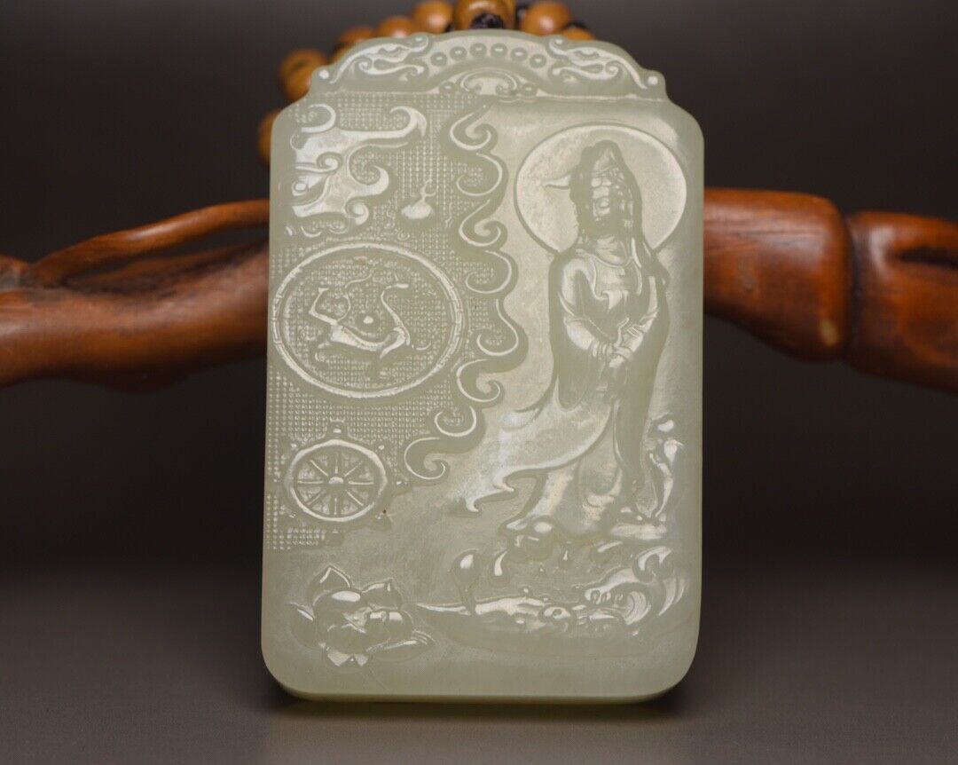 China Natural Hetian Jade Carved Kwan Yin Statue Nice White Jade Pendant Jewelry