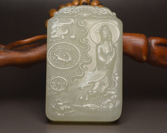 China Natural Hetian Jade Carved Kwan Yin Statue Nice White Jade Pendant Jewelry