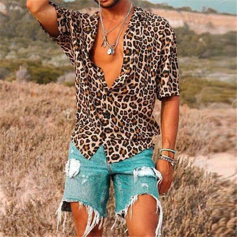Men Leopard Print T Shirts Occident Baggy Beach Short Sleeve Blouse Tops Casual
