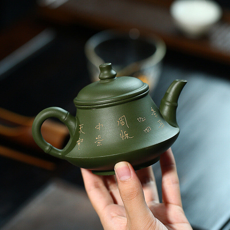 5.4" Yixing Zisha Pottery Green Clay Handmade Lotus Flower Bamboo Tea Pot Teapot