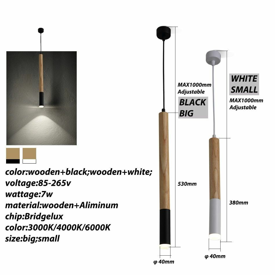 Wood LED Pendant Light 7W Hang Lamp Dining Living Room Kitchen Island Shop Bar