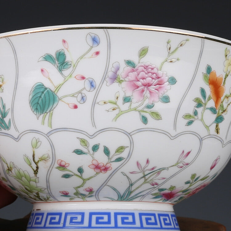 6.2" Collect Chinese Qing Famille Rose Porcelain Gild Twelve Flower God Bowl