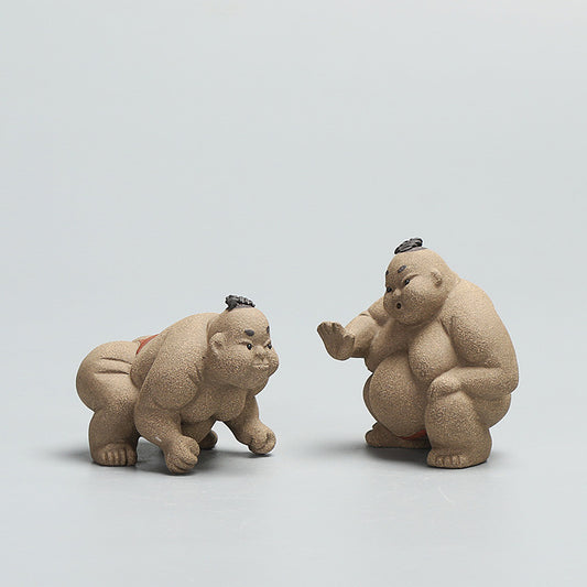 Handmade Figurine Sumo Statue Crude Pottery Artwork Wrestling Tea Pet Creative