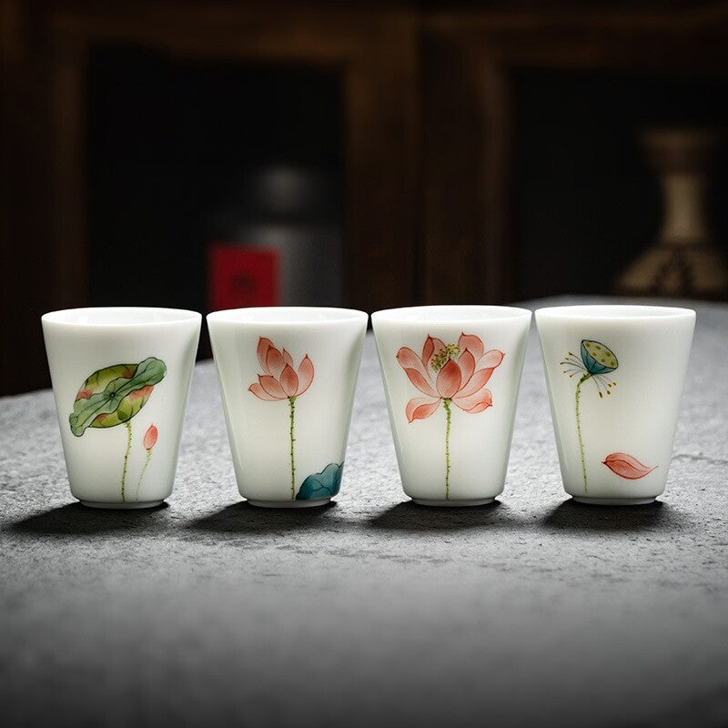 95ml Handpainted Lotus Print Fragrance Smelling Porcelain Cup Master Tea Cup New