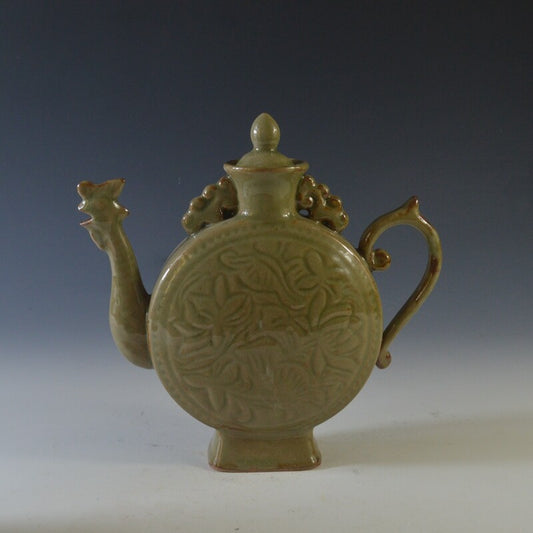 8.3" Chinese Porcelain Yaozhou Kiln Green Glaze Animal Phoenix Flower Teapot