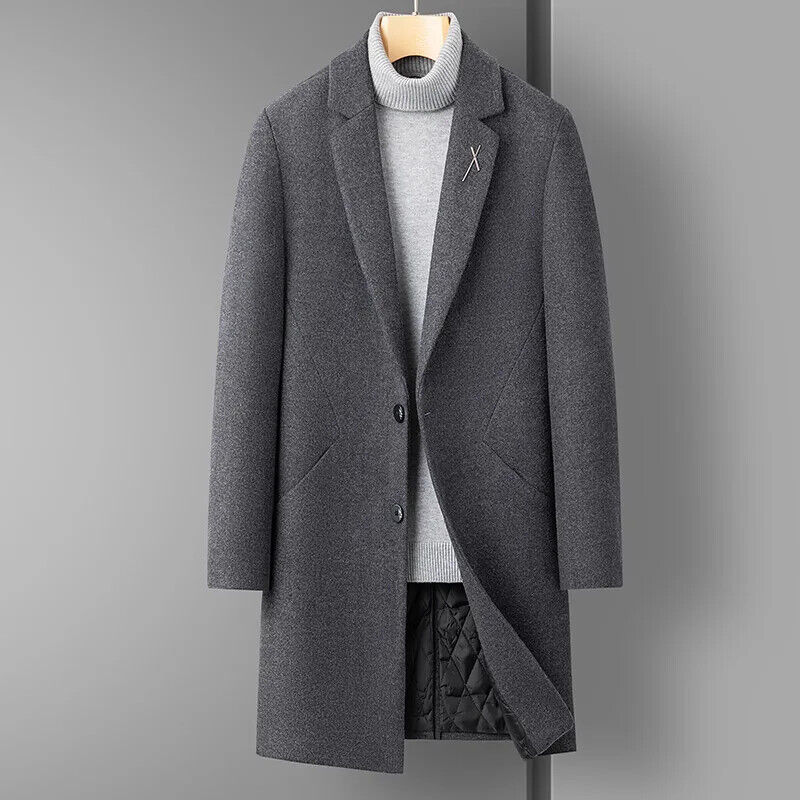 Men's Handsome Wool Coat Coat Long Coat Men （Winter) Polyester