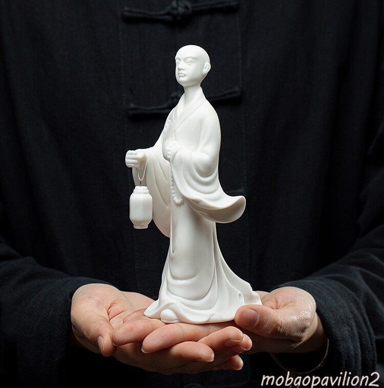 New White Porcelain Statue Monk Lantern Buddhism Zen Office Study Table Decor