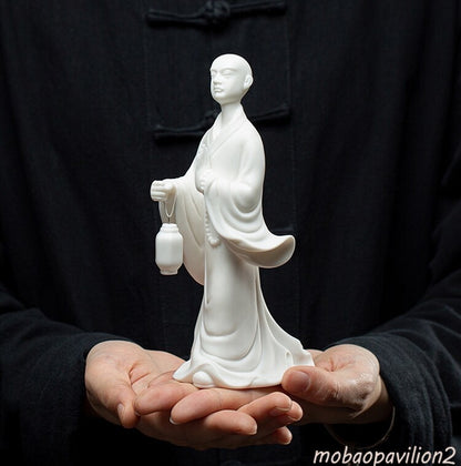 New White Porcelain Statue Monk Lantern Buddhism Zen Office Study Table Decor