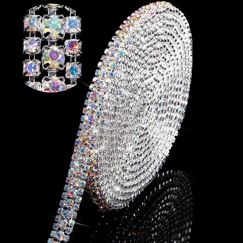 Dress Decoration Trims 3Rows Crystal Rhinestone Cup Chain DIY Applique Sew On 1M