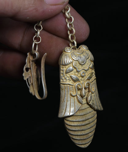 Rare Old Chinese Miao Silver Feng Shui Cicada Pendant Amulet Necklace Decoration
