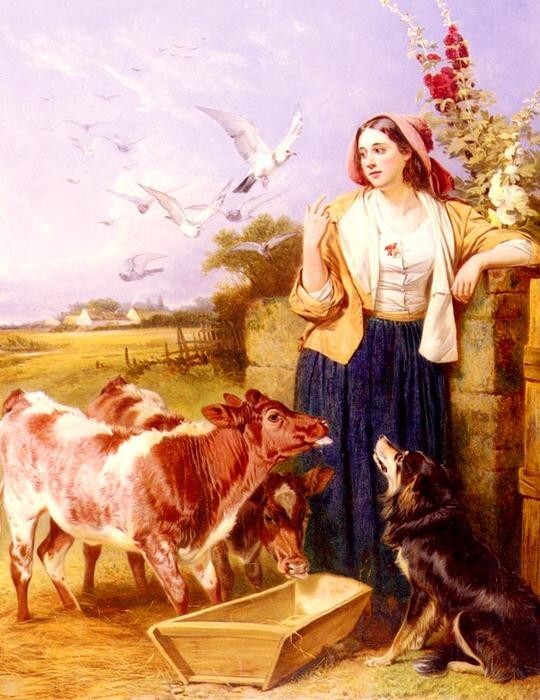 Oil painting Richard-Ansdell-Good-Friends Richard-Ansdell-Good-Friends cow girl