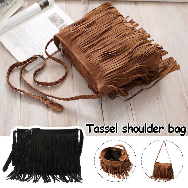 Tassel Crossbody Shoulder Bag Outdoor Travel Bag Suede Fabric Leather Women