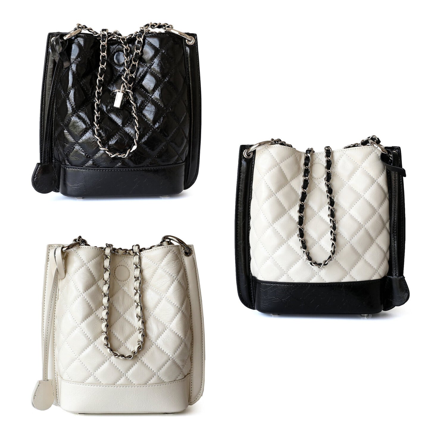 Small Quilted Real Leather Bucket Shoulder Bag Tote Purse Handbag Fashion Chains