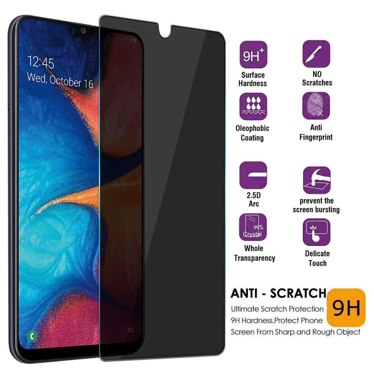 For Samsung Galaxy A20 Privacy Glossy Tempered Glass Anti-Spy Screen Protector