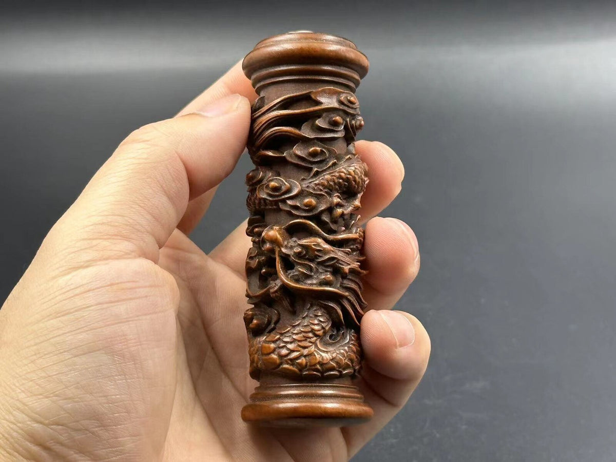Chinese Vintage Boxwood Carved Dragon Pillar Statue Collection Nice Figurines