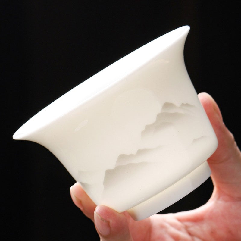 Sheep Fat Jade Porcelain San Cai Gaiwan Ink Wash Landscape Tea Bowl Household