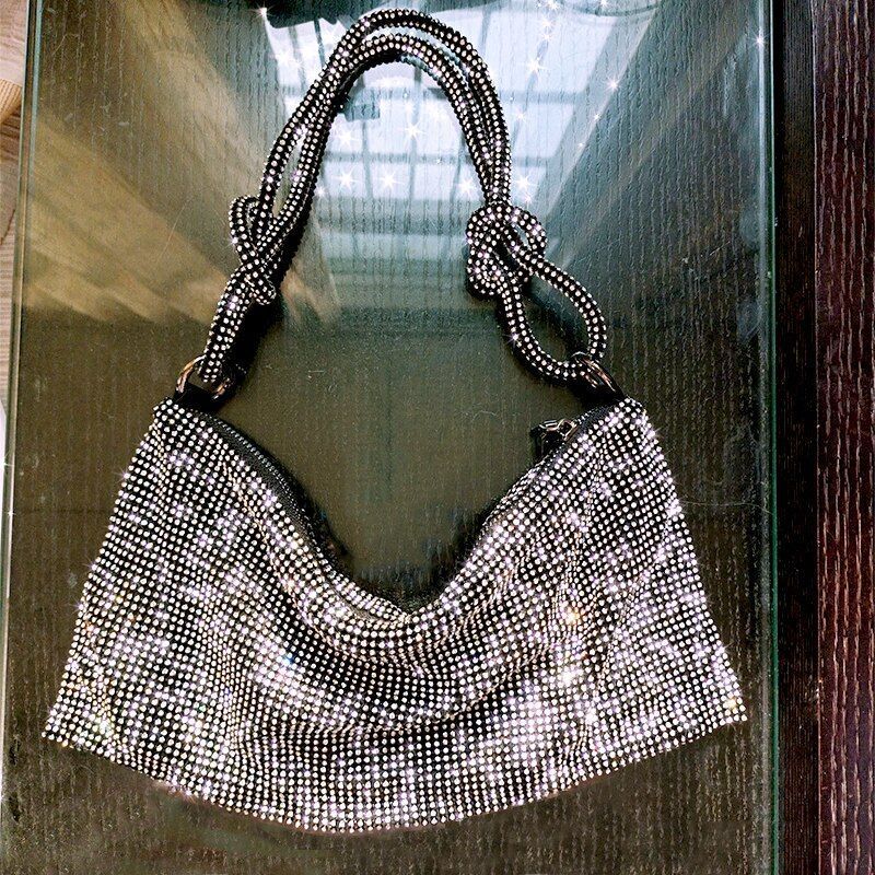 Silver Rhinestones Handbag Glitter Bags Knotted Purses Shining Strap 34*16*1 CM