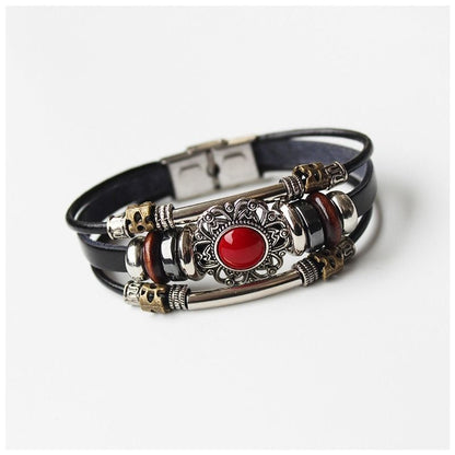 Retro Leather Layered Bracelet Red Stone Skull Mag Clasp Couple Jewelry