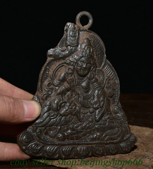 4.6" Old Tibet Bronze Temple Vaishravana On Lion Protector Deity Pendant Amulet