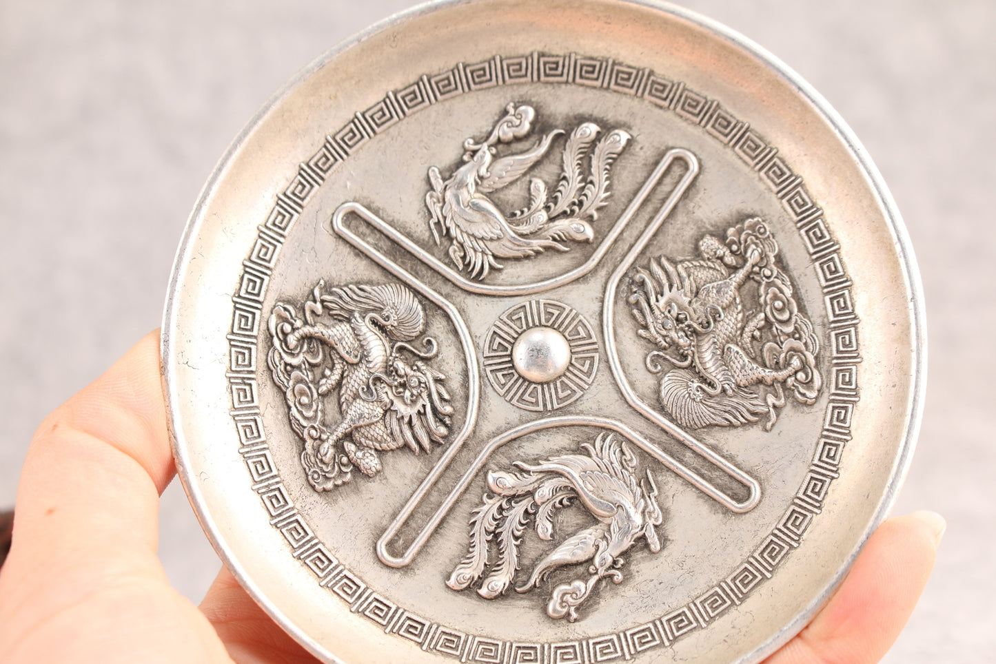 Chinese tibet silver copper double dragon phoenix plate table decor