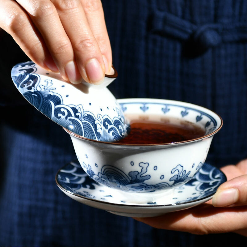 140ml Antique Blue White Porcelain Gaiwan Tureen Kung Fu Tea Cup Bowl Tea Set