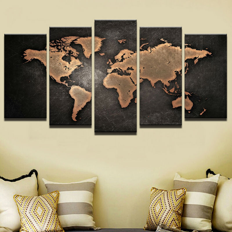 World Map Painting 5 Panel Canvas Print Wall Art Poster Home Decor