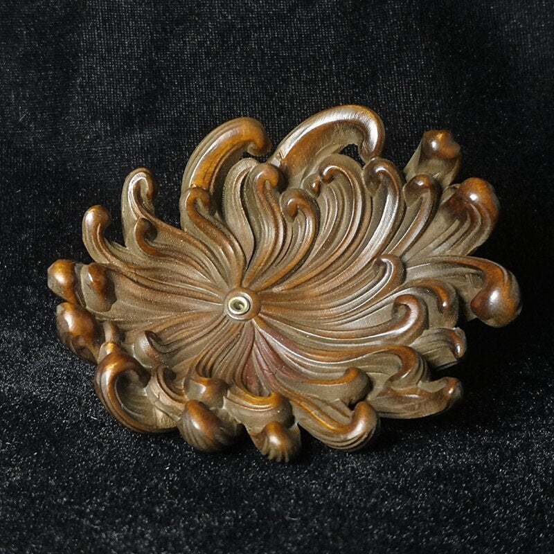 Chinese Boxwood Hand Carved Chrysanthemum Flower Incense Stand Decoration