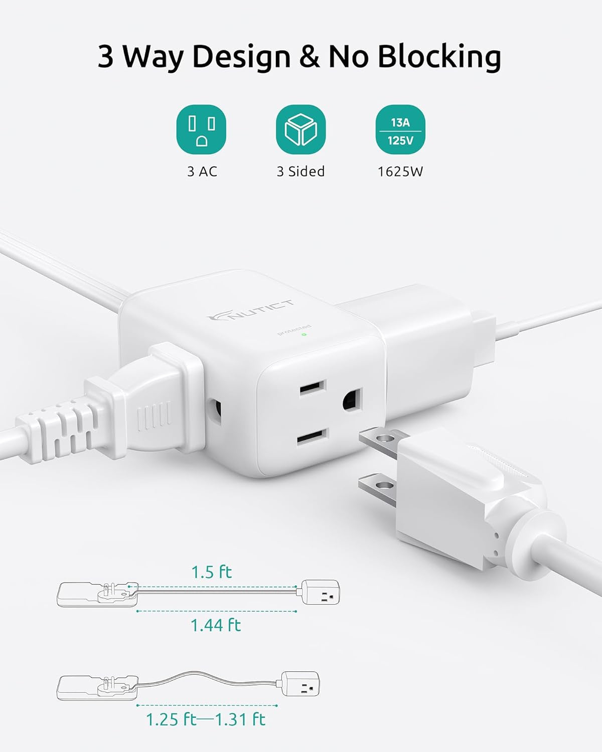 Flat Plug Extension Cord with Outlet Cover - 1.5Ft Short Power Extension Cord &