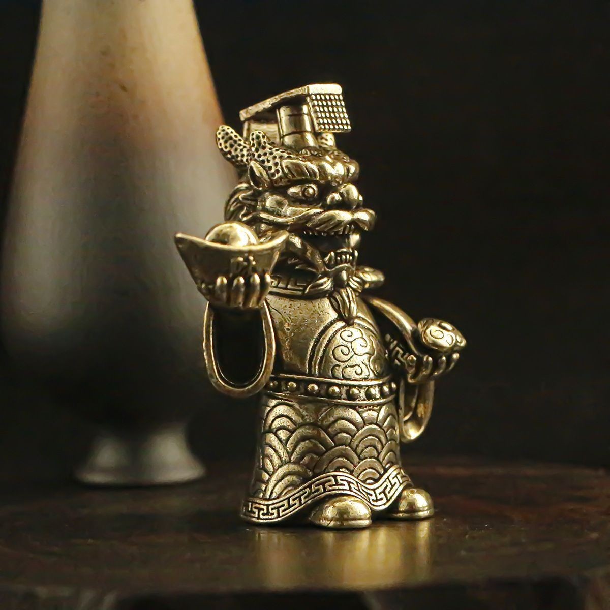Solid Brass Chinese Dragon King 2.8"Statue Tea Table Lucky Wealth Fengshui Decor