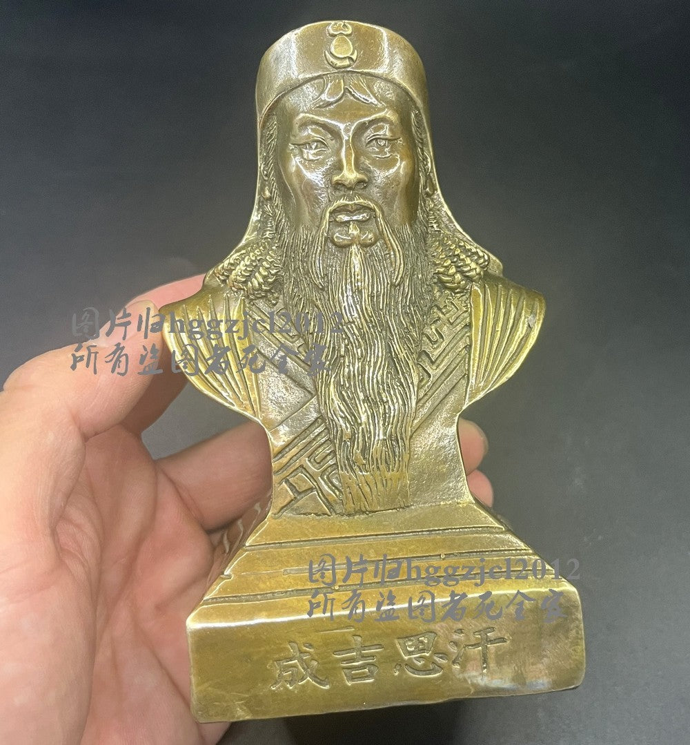 5.1" Brass Genghis Khan Bust Statue Mongol Empire King Table Home Decor Collect