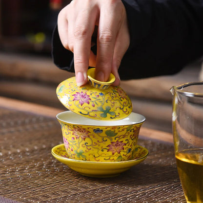 Jingdezhen Enamel Ceramic Gaiwan Teacup Handmade Flower Pattern Tea Bowl Chinese