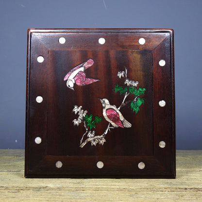 Vintage Rosewood Inlaid Abalone Bird Pair Tea Jewelry Storage Box 22cm