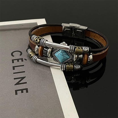 Vintage Ethnic Leather Bracelet Faux Turquoise Alloy Multi-layer Jewelry