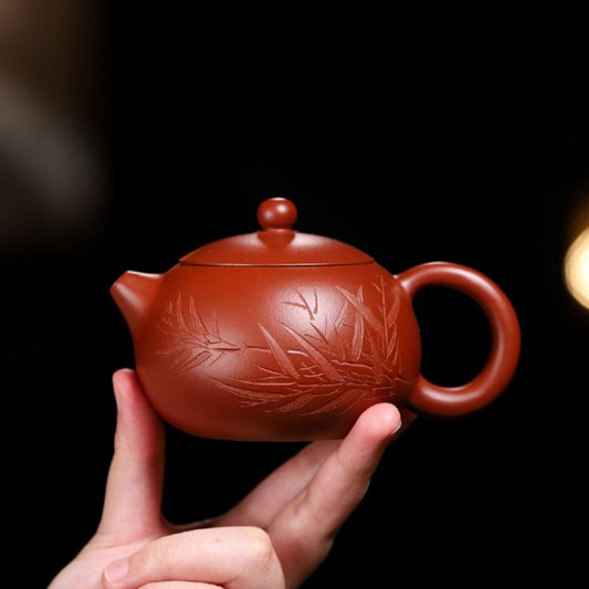 Real Yixing Zisha Dahongpao Clay Teapot Xishi Handmade Bamboo Carved Basket Hole