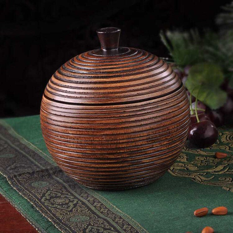 Solid Wood Carved Storage Jar 15cm Vintage Tea Nut Go Game Box with Lid