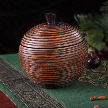 Solid Wood Carved Storage Jar 15cm Vintage Tea Nut Go Game Box with Lid