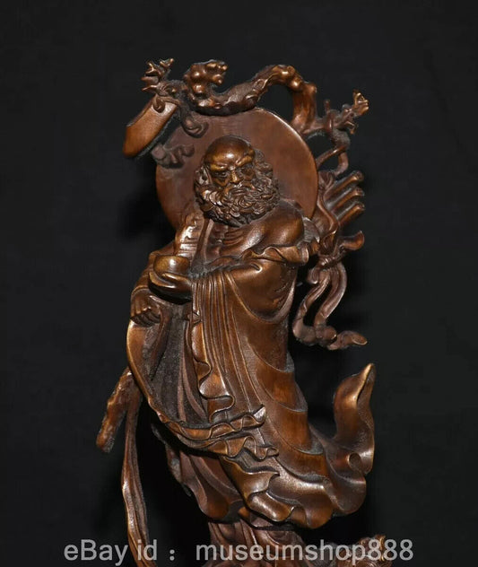 8" Rare Old Chinese Boxwood Carving Arhat Damo Bodhidharma Dharma Buddha Statue