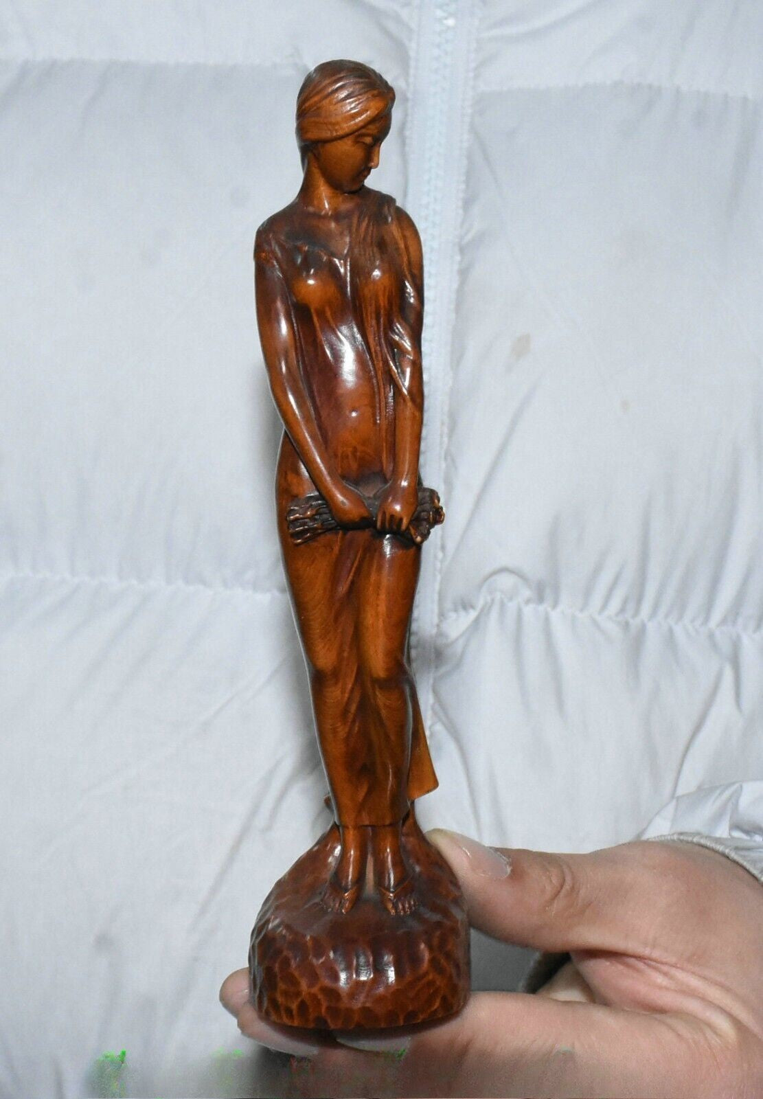 7.1''Old Chinese Boxwood Carving Beauty Beautiful Belle Statue Sculpture