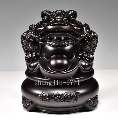 8" Ebony Wood Carved 3 Legged Toad Statue Lucy Frog Ingot Statue Feng Shui Decor