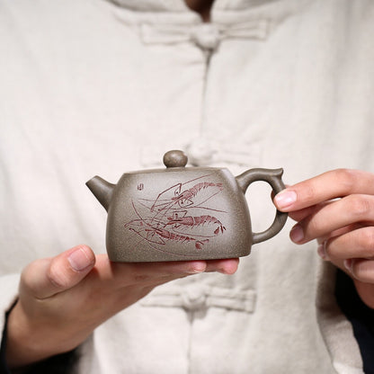 Full Handmade Tea Pot Marked Hand Carved Shrimp Yixing Zisha Xiekeqing Clay Pot