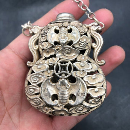 Vintage Chinese Silver Plated Copper Bat Openwork Incense Sachet Pendant