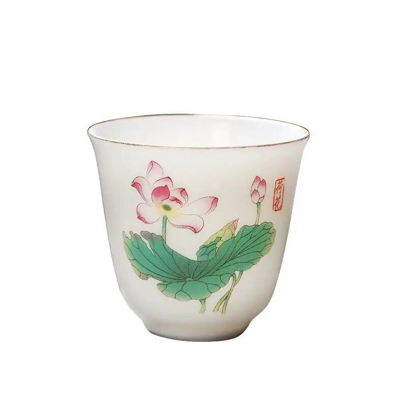 2.08" Chinese Ceramic Teacup Travel Meditation Hand Painted Lotus Leaf Tea Bowl