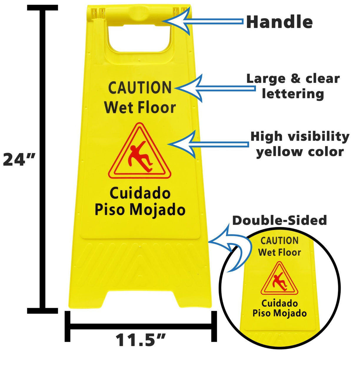 3 Pack CAUTION Wet Floor Signs Bilingual (Cuidado Piso Mojado), 2 Feet Tall
