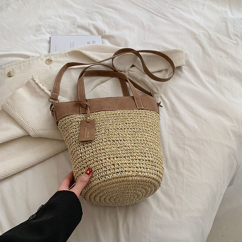 Women Zipper Weave Bag Travel Beach Bags Handmade Lady Crossbody Bag Handle