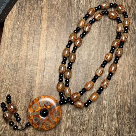Tibetan Style Old Agate Three Eyes/TenEyes Pingan Knot Dzi Bead Amulet Pendant