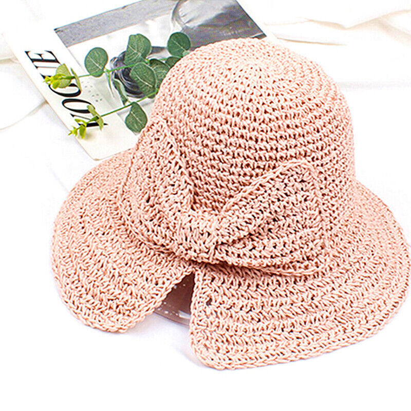 Women Vintage Fashion Folding Straw Bucket Hat Braid Summer Beach Sun Hat w/ Bow