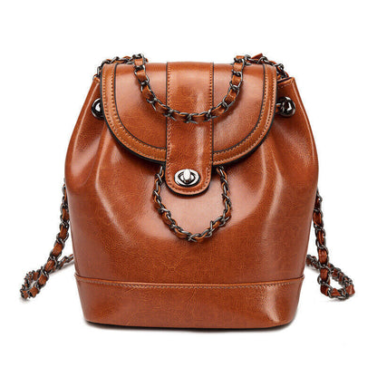 Genuine Leather Women's Drawstring Backpack, Travel Rucksack Chain Shoulder Bags