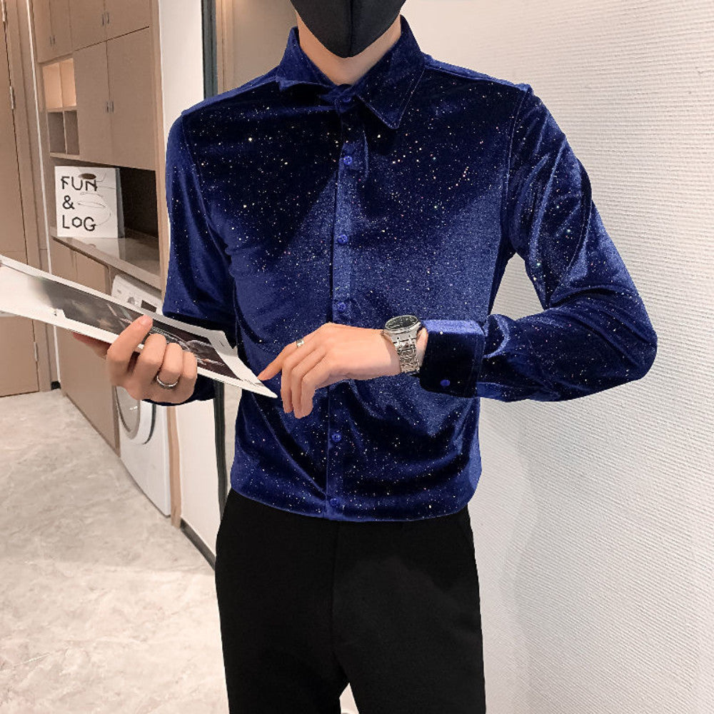 Mens Glitter Velvet Blouse Shirt Top Pleuche Slim Long Sleeve Fashion Costume