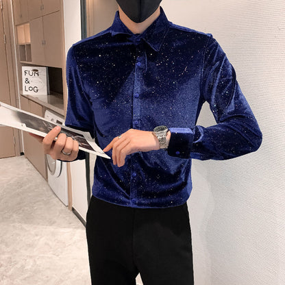 Mens Glitter Velvet Blouse Shirt Top Pleuche Slim Long Sleeve Fashion Costume